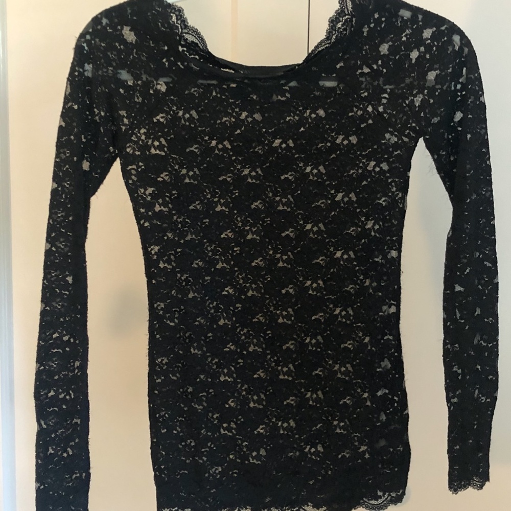 Free People Black Lace Long Sleeve Top; Fitted